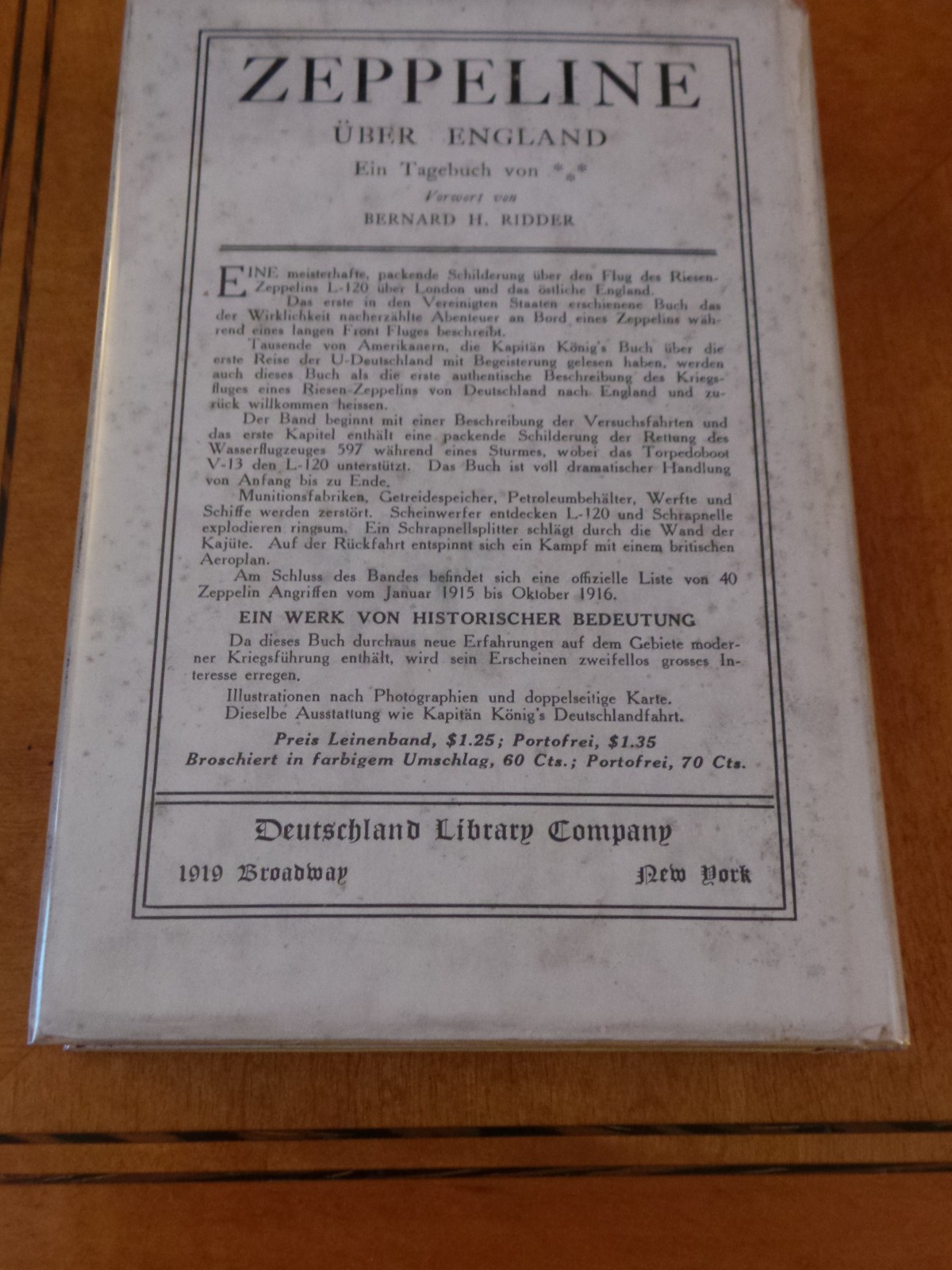 Zeppeline Uber England Ein Tagebuch Bernard H. Ridder 1917 German first ed HCwDJ