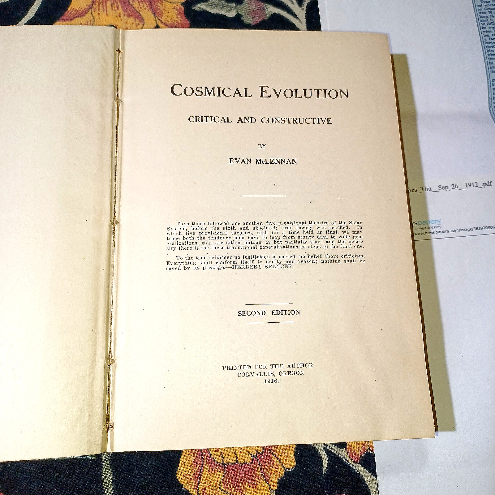 FINE 1916 HC COSMICAL EVOLUTION CRITICAL AND CONSTRUCTIVE Evan McLennan