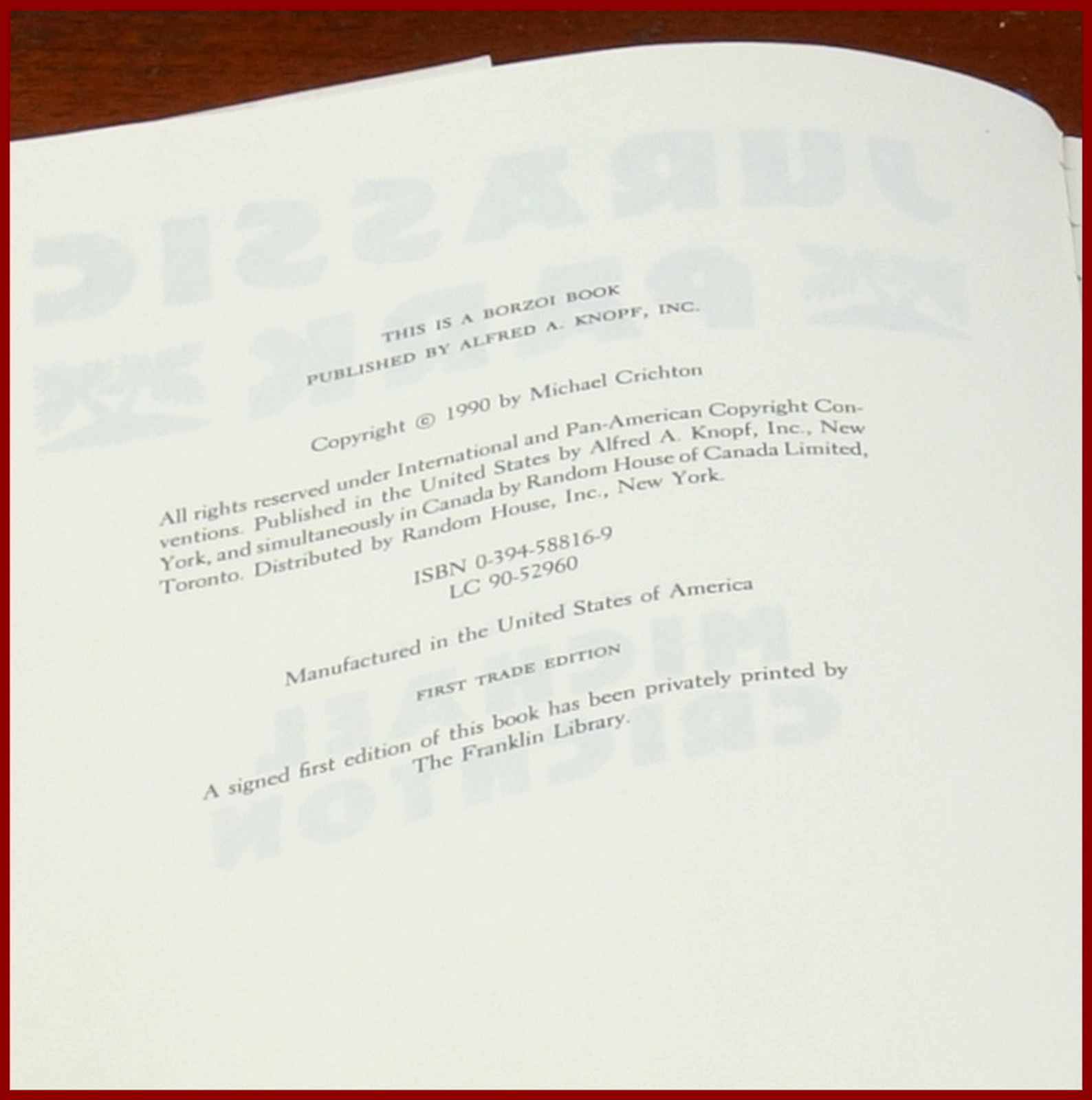 JURASSIC PARK, Crichton, 1ST EDITION & PRINTING, Knopf, 1990, SIGNED