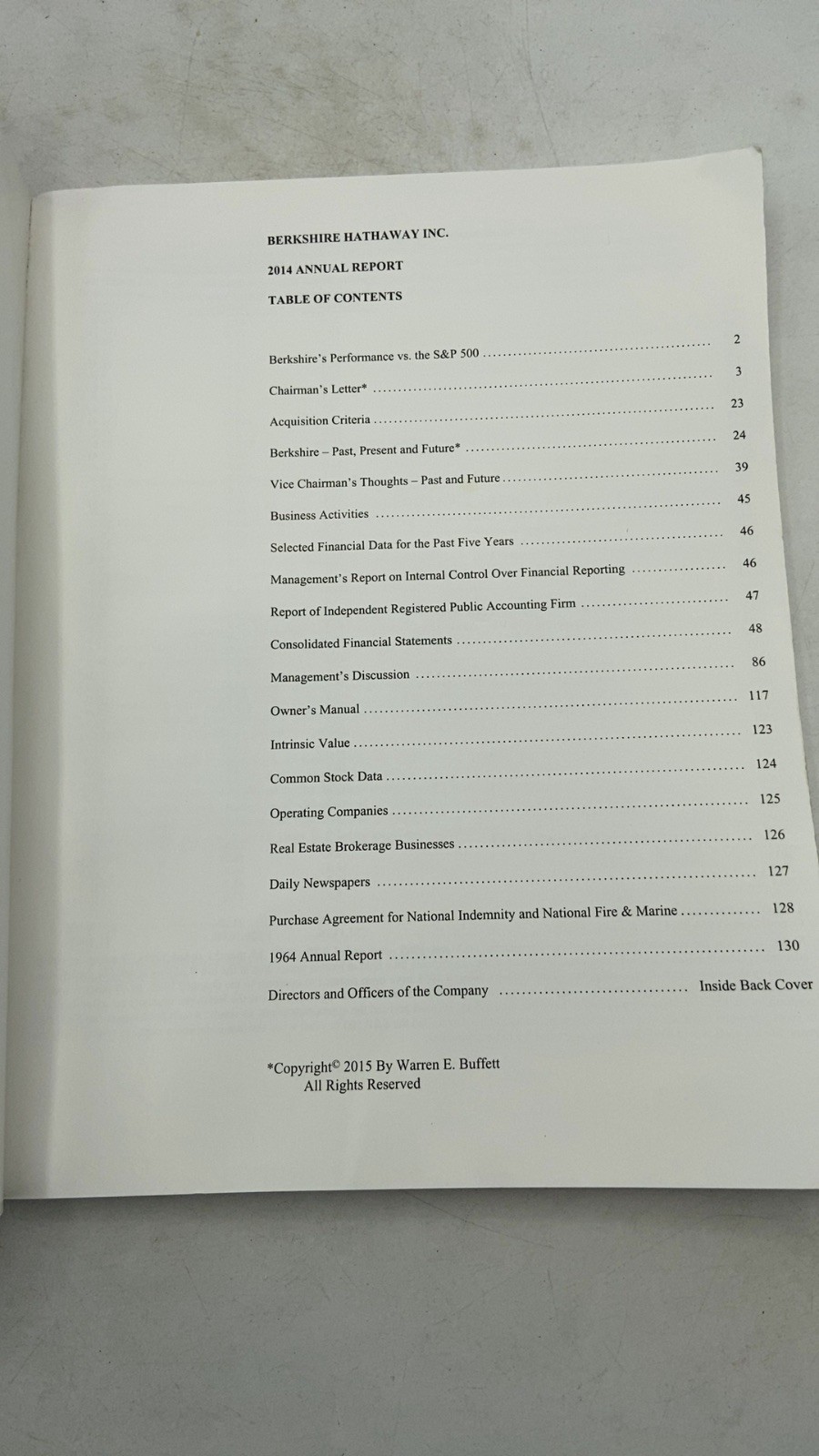 2014 Annual Report Warren E. Buffett Paperback 2015