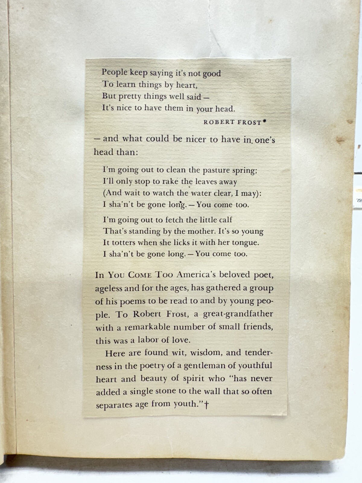 You Come Too Favorite Poems For Young Readers Robert Frost 1st Ed/ Later Print