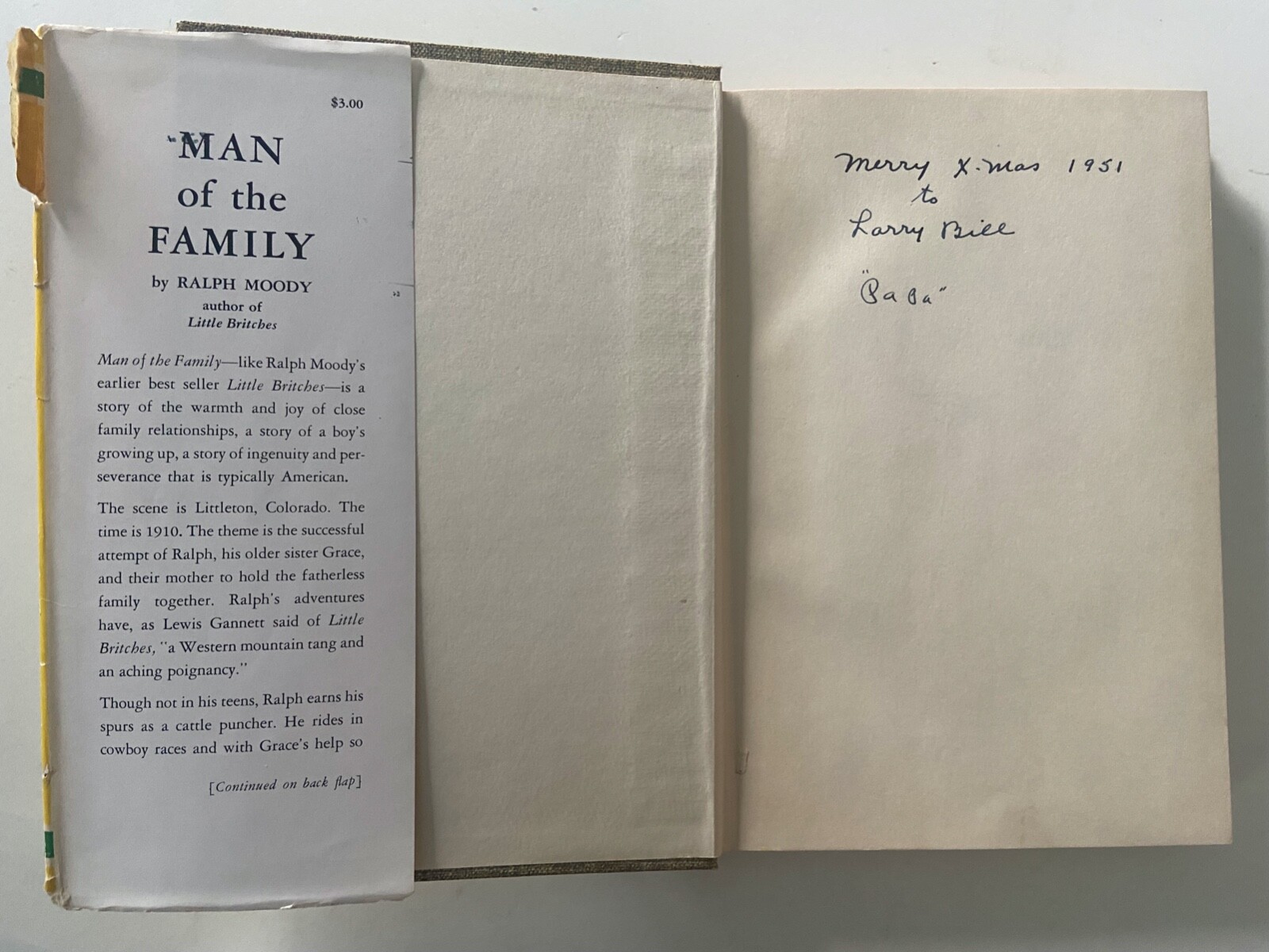 MAN OF THE FAMILY by Ralph Moody 1951 1st First Edition Hardcover w/DJ WW Norton