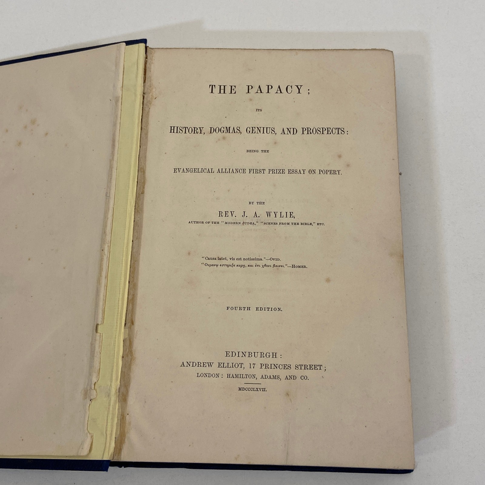 The Papacy J A Wylie History Dogmas Genius Prospects 1867 Antique HC Fourth Ed