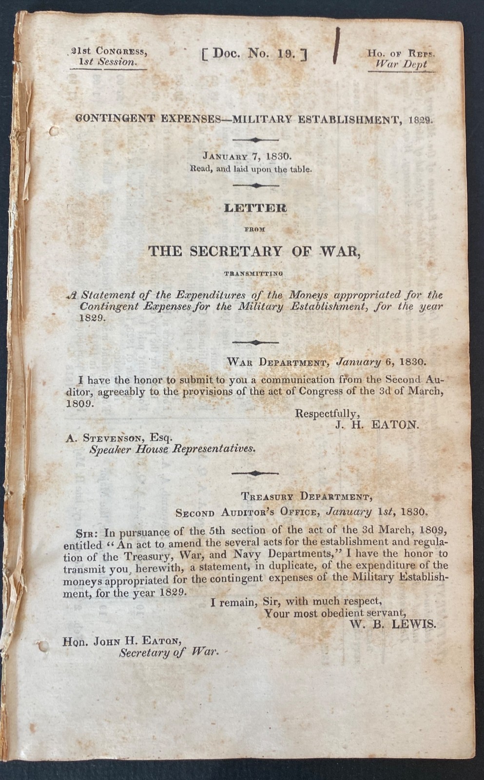 1830 War Department Reports to Congress – 6 Each incl. Fortifications, Budgets