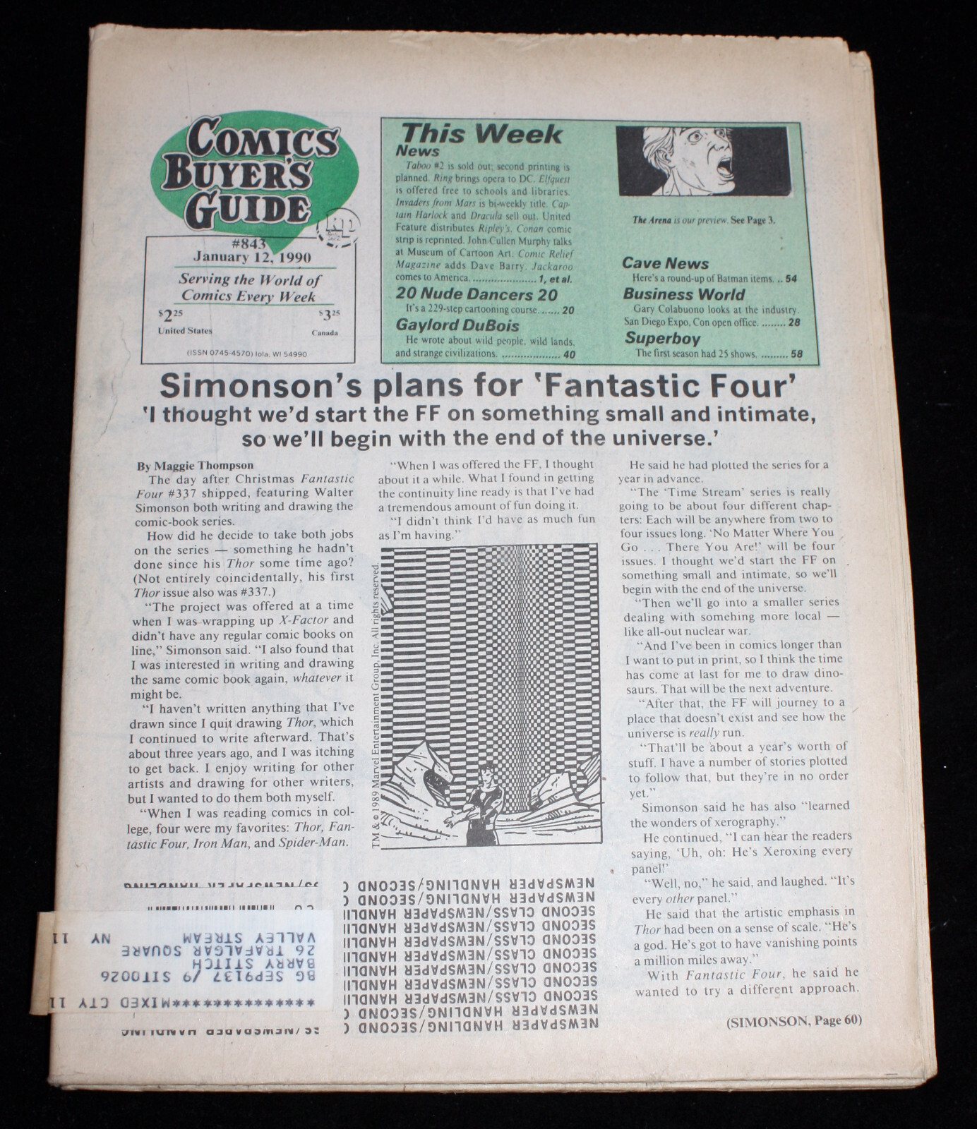 Comic Buyer’s Guide #843 Newspaper 1/12/90 (VF/NM) Simonson FF Article – Unread