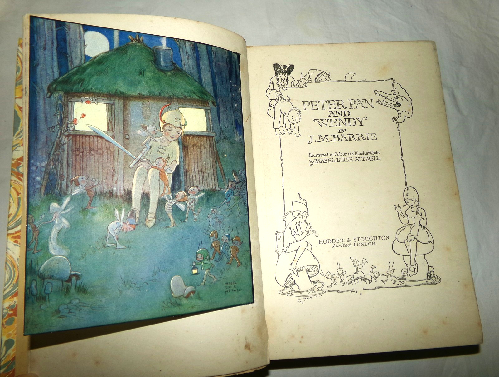 1921 Peter Pan & Wendy J.M. Barrie Mabel Lucie Attwell Vintage Rebound Book 1st
