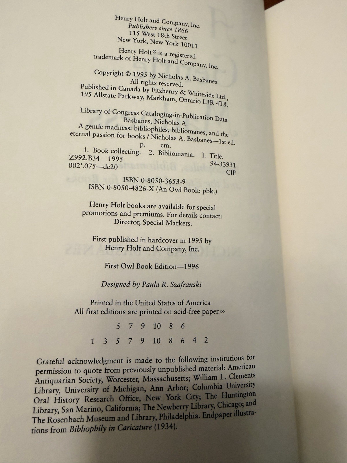 A GENTLE MADNESS Nicholas Basbanes 1st Ed 1st Print 1995 Hardcover DJ Collector